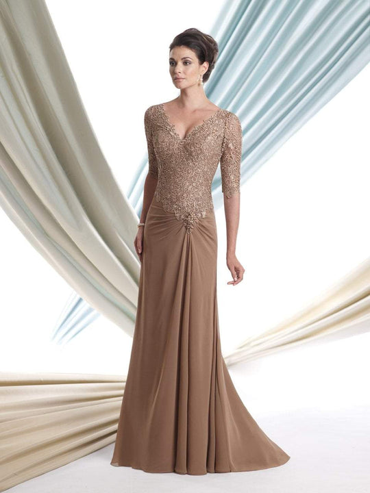 Montage by Mon Cheri - 113906 Quarter Sleeve Detailed Lace Long Gown in Brown