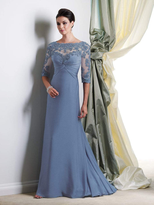 Montage by Mon Cheri - Beaded Quarter Length Sleeves Dress 113949 in Blue
