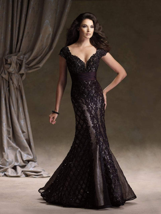 Ivonne D - Cap Sleeve Lattice Applique Gown 113D05 in Black