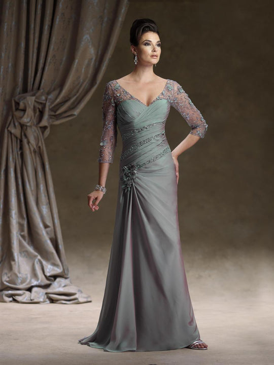 Ivonne D by Mon Cheri - Ruched V Neck Quarter Length Sleeves Dress in Green