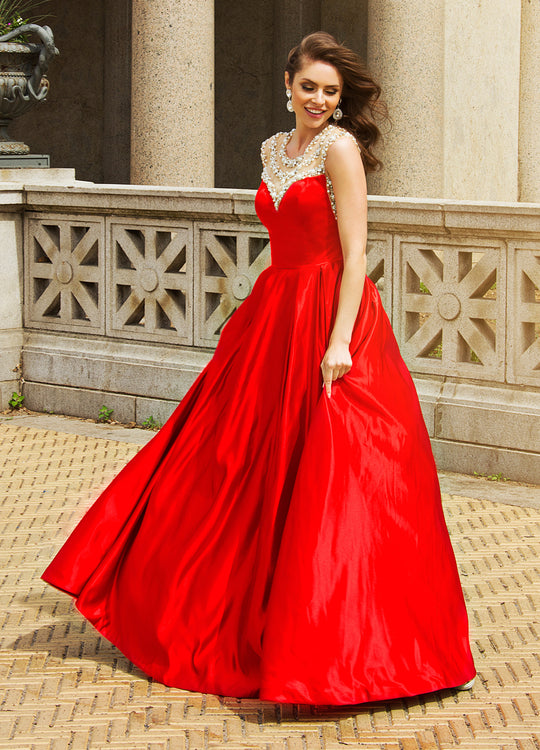 Ashley Lauren - 1141 Beaded Illusion Back Ball Gown in Red