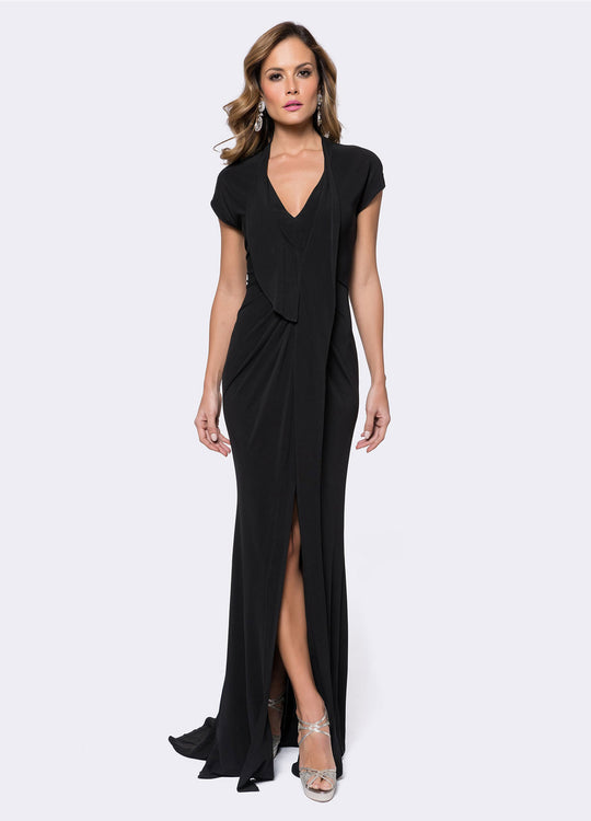 Ashley Lauren - 1142 Draping Accented V-neck Sheath Dress in Black