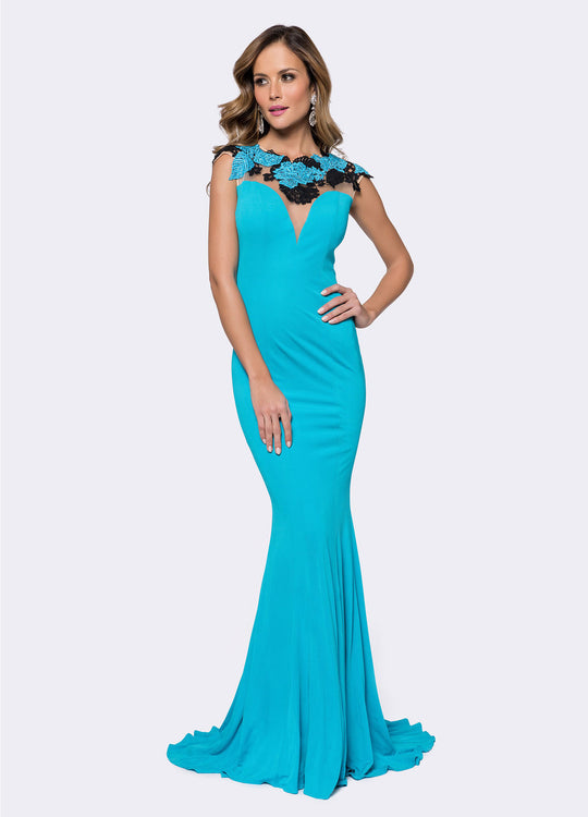 Ashley Lauren - 1145 Turquoise Embroidered Lace Evening Dress in Blue