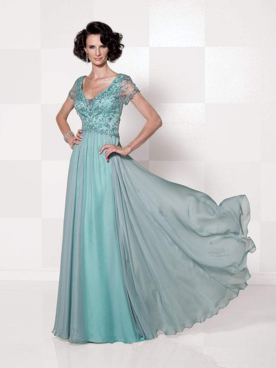 Cameron Blake - V Neck A Line Long Dress with Short Sleeves 114660  in Green