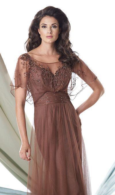 Montage by Mon Cheri - 114905 Draped Sleeve Embellished Evening Gown in Brown