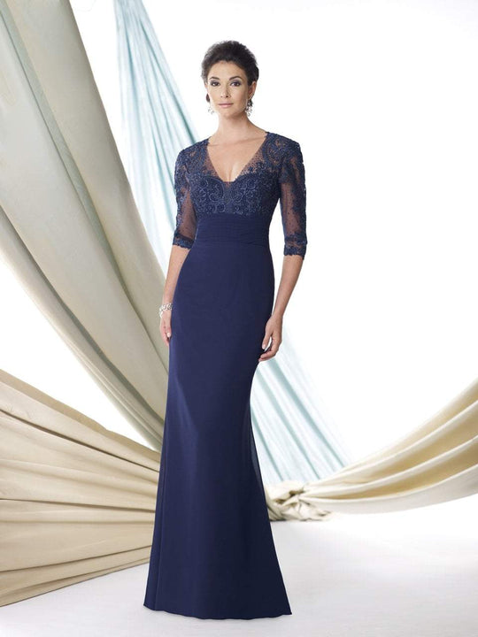 Mon Cheri - Lace Illusion V-Neck Mermaid Long Dress in Blue