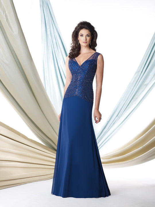 Montage - Beaded V-Neck A-Line Dress 114909 in Blue