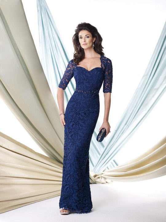 Montage - 114919 Lace Quarter Length Sleeves Queen Anne Dress in Blue