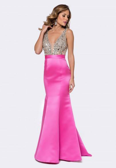 Ashley Lauren - 1149 Deep V-Neck Beaded Evening Dress in Pink