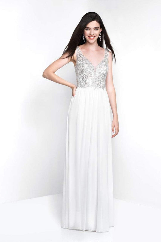 Blush - 11503 Beaded Plunging Floral Evening Gown In White and Silver