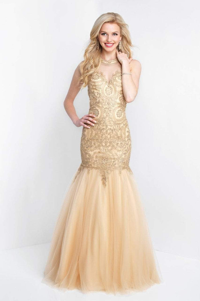 Blush - 11504 High Halter Appliqued Mermaid Gown In Gold