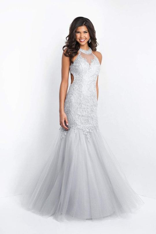 Blush - 11504 High Halter Appliqued Mermaid Gown In Silver