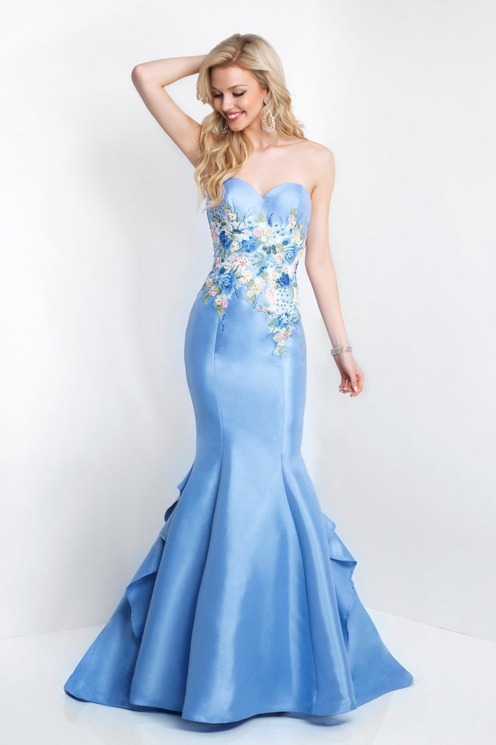 Blush - 11505 Strapless Floral Ruffled Mermaid Gown In Blue