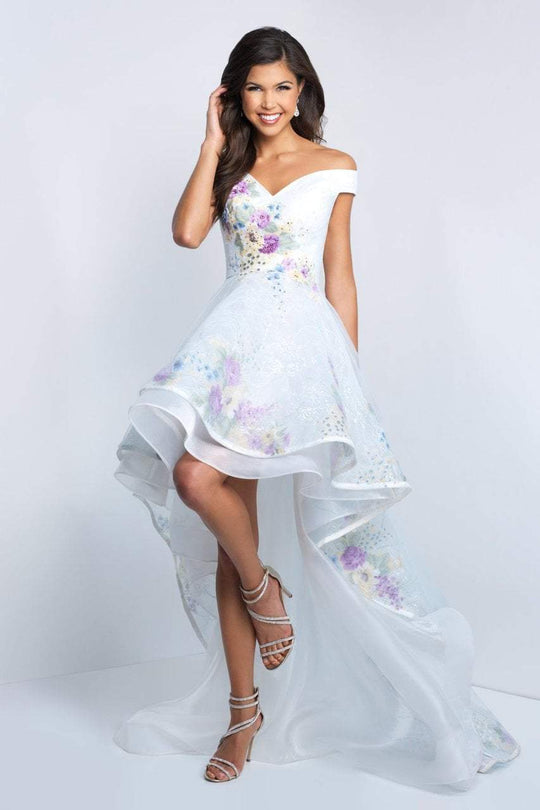 Blush - 11506 Floral Detailed Off Shoulder High Low Gown In White and Blue