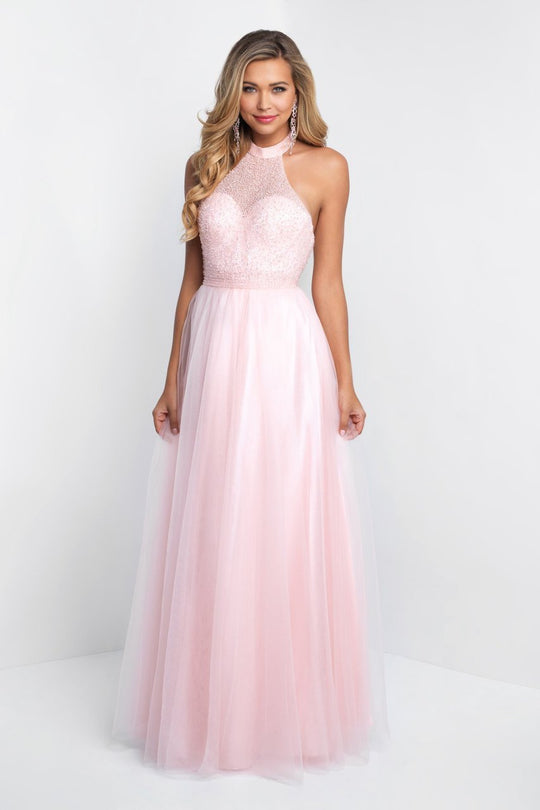 Blush - 11511 Beaded High Halter Tulle Gown In Pink