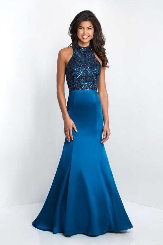 Blush - 11514 Beaded High Halter Fitted Gown In Blue and Gray
