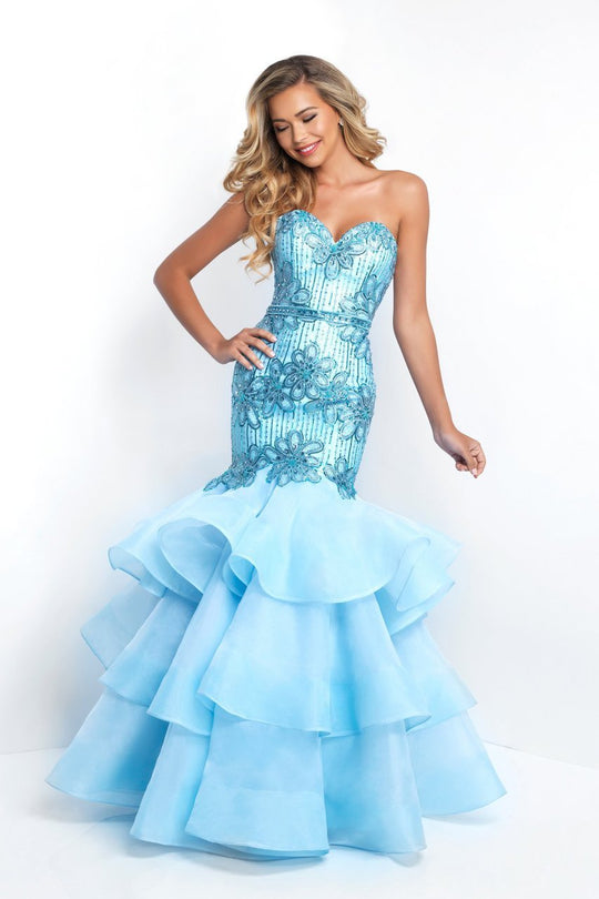 Blush - 11517 Strapless Ruffled Floral Mermaid Gown In Blue