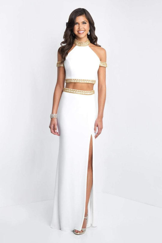 Blush - 11526 Two Piece High Halter Gown with Slit In White and Gold