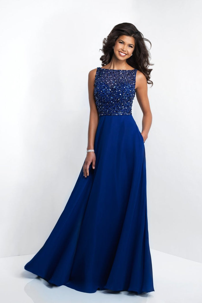 Blush - 11535 Adorned Bodice Bateau A-Line Gown In Blue