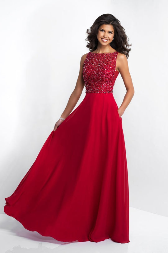 Blush - 11535 Adorned Bodice Bateau A-Line Gown In Red