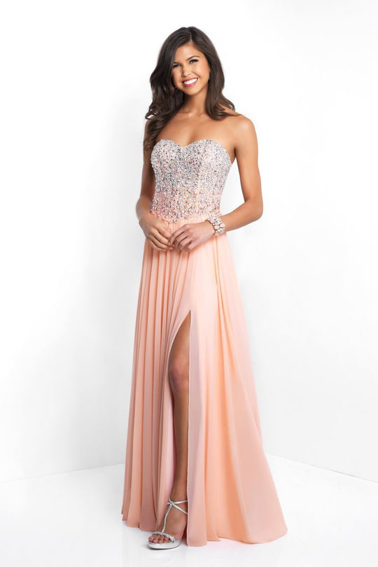 Blush - 11538 Crystal Festooned Bodice High Slit Gown In Orange
