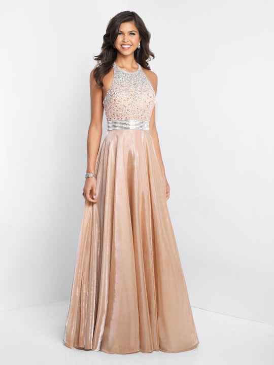 Blush - 11539 Crystal Embellished Halter Evening Gown In Pink and Gold