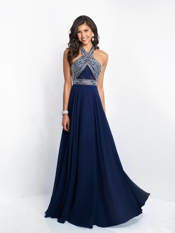 Blush - 11542 Lace Crystal Embellished Halter Gown In Blue and Silver