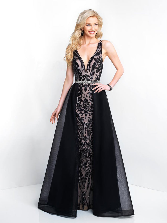 Blush - 11546 Sequined Plunging Chiffon Evening Dress In Black and Neutral
