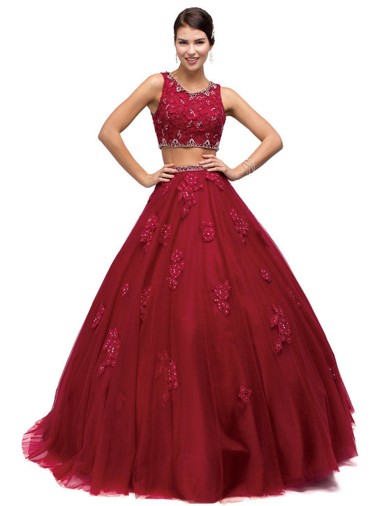 Dancing Queen - 1155 Two-Piece Sequined Floral Quinceanera Gown in Red