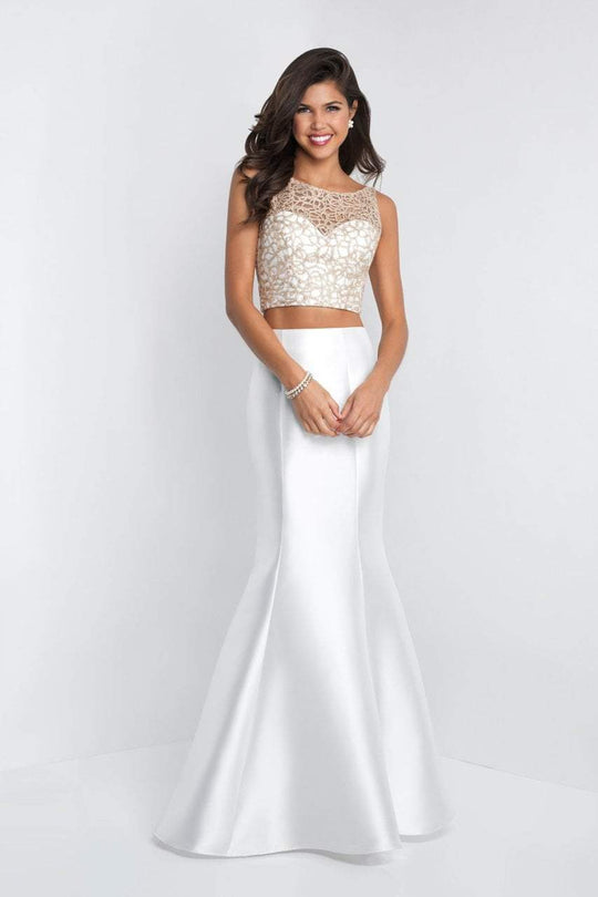 Blush - 11550 Illusion Bateau Metallic Link Ruffle Paneled Gown In White and Gold