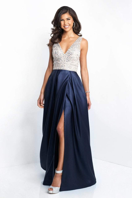 Blush - 11552 Crystal Ornate V-Neck Bodice A-Line Gown In Blue and Neutral