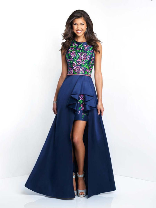 Blush - 11554 Floral Printed High Low Gown with Ruffled Detail In Blue and Multi-Color
