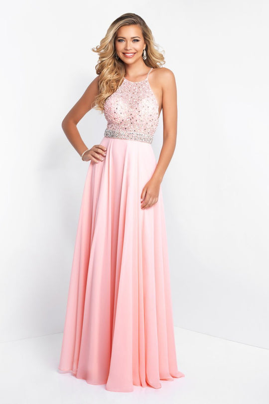 Blush - 11556 Beaded High Halter Chiffon Gown In Pink