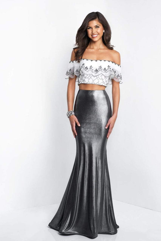 Blush - 11558 Two-Piece Ornate Ruffled Off-Shoulder Gown In White and Silver