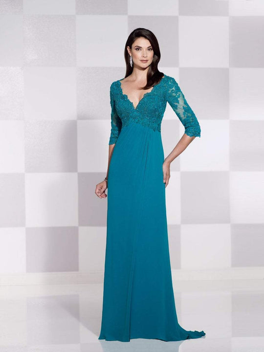 Mon Cheri - Cameron Blake - 115617 Quarter Sleeve Lace Empire Dress in Teal