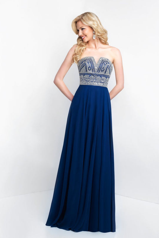 Blush - 11571 Strapless Bejeweled Bodice Chiffon Gown In Blue and Silver