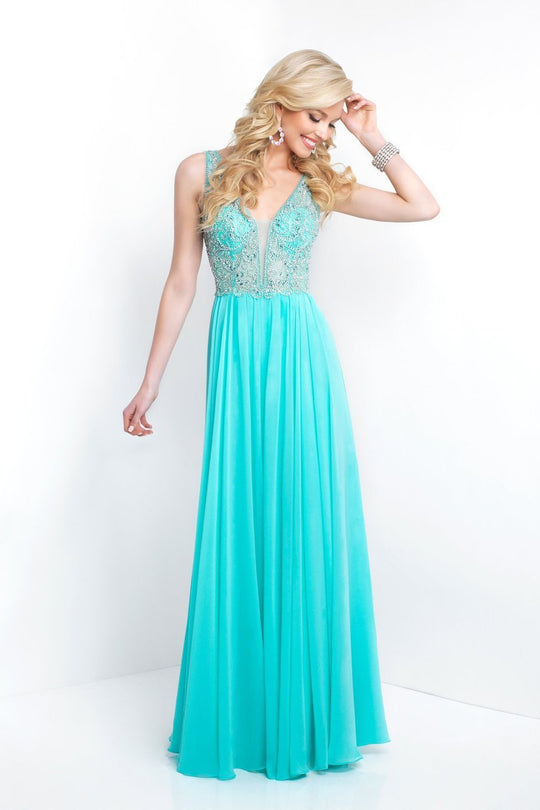 Blush - 11573 Sleeveless V-Neck Crystal Paisley Gown In Blue and Green