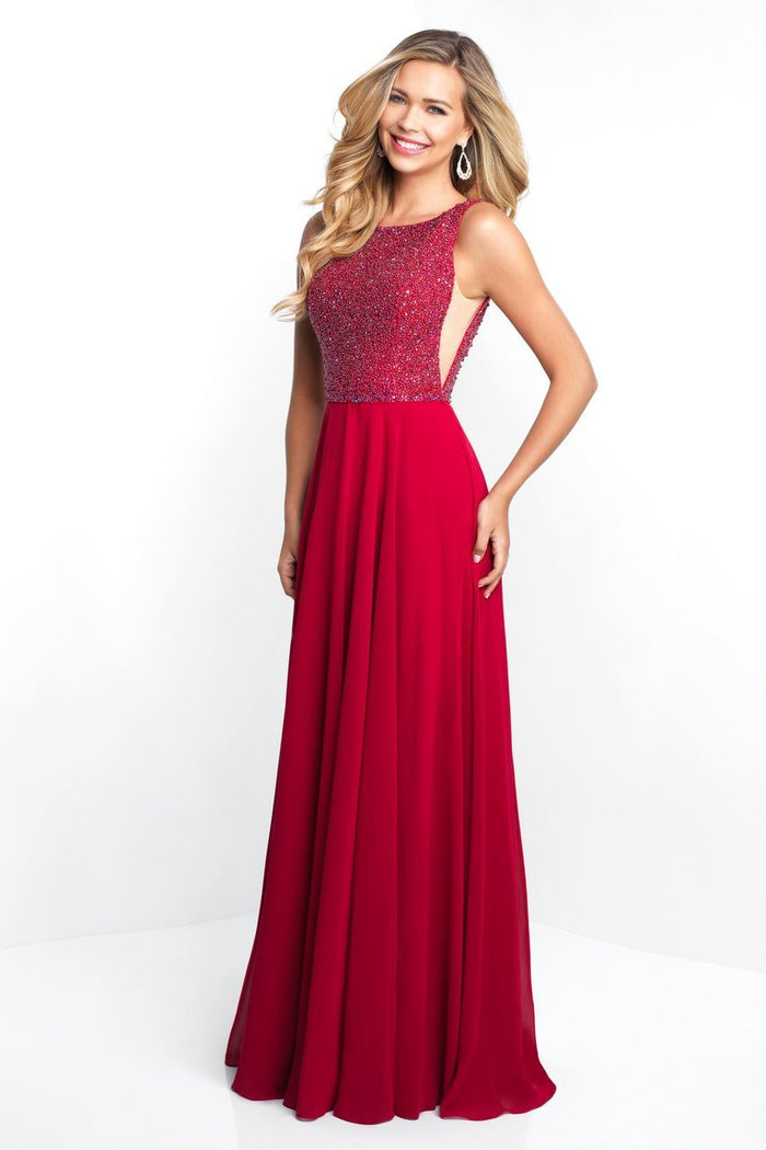 Blush - 11575 Adorned Bateau Illusion Cutout Chiffon Gown In Red