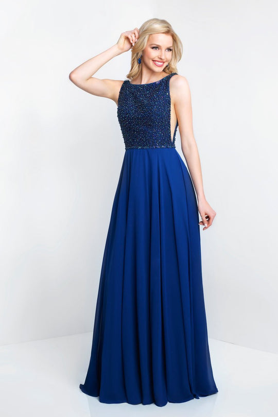 Blush - 11575 Adorned Bateau Illusion Cutout Chiffon Gown In Blue