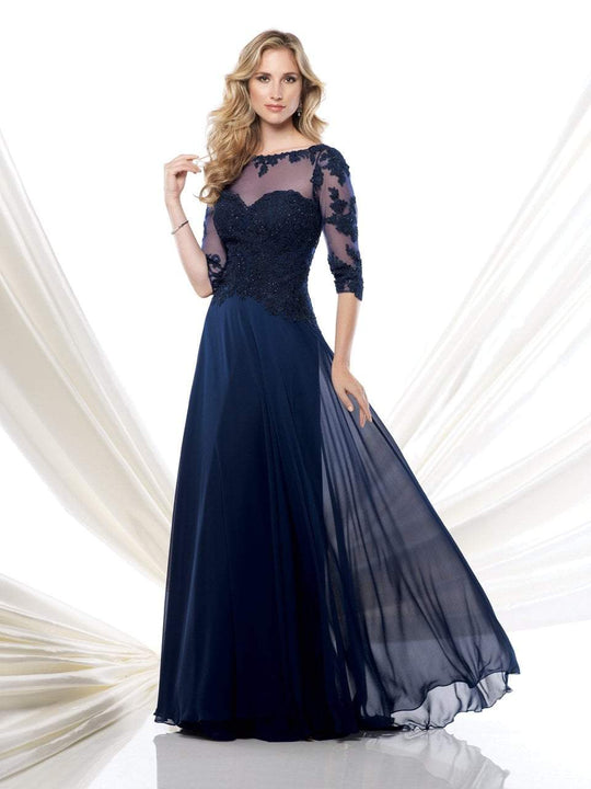 Montage by Mon Cheri - 115968 Quarter Sleeve Lace Illusion Long Dress  in Navy