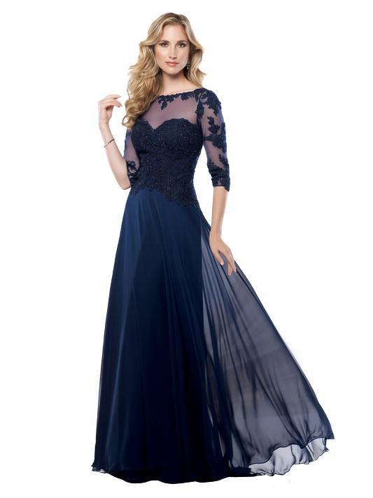 Montage by Mon Cheri - Lace Applique A-line Gown in Navy Blue 115968W in Blue