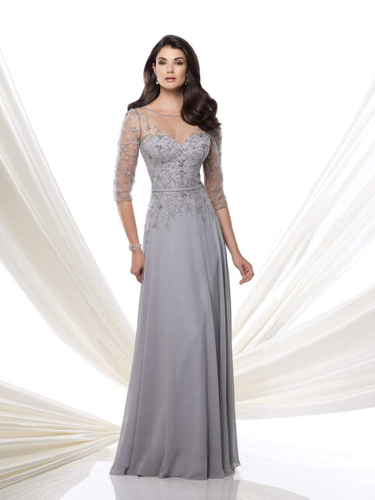 Montage by Mon Cheri 115971 Illusion Quarter Sleeve Beaded Chiffon Dress - 1 pc Silver in size 6 Available