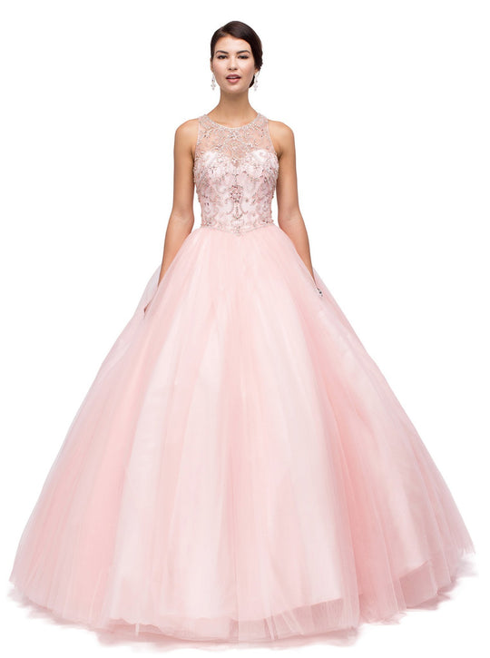 Dancing Queen - Embellished Illusion Jewel Neckline Quinceanera Ball Gown 1160 In Pink