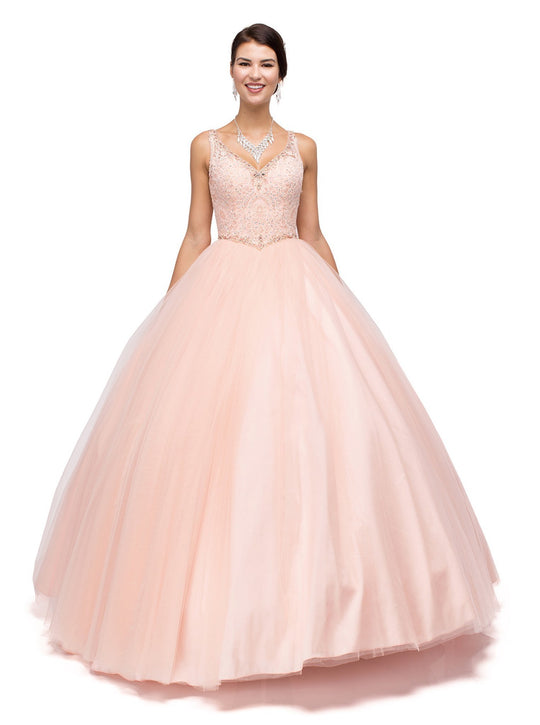 Dancing Queen - 1161 V-Neck Beaded Lace Quinceanera Ball Gown In Pink