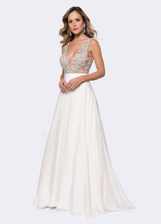 Ashley Lauren - 1164 Embellished Deep V-neck Ballgown With Train in White