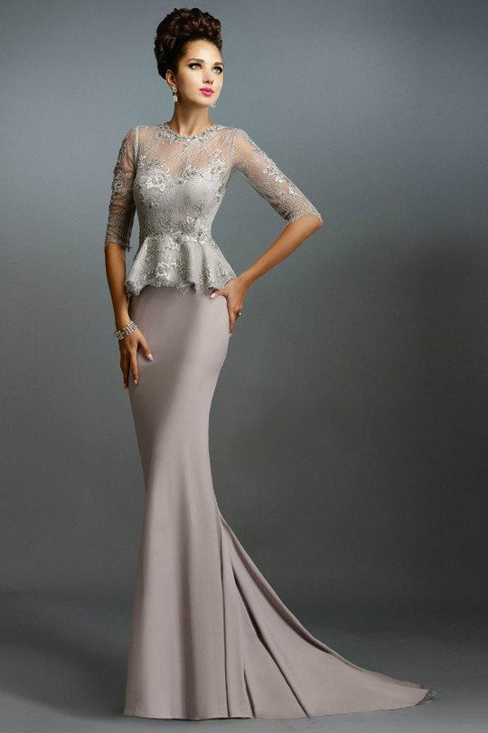 Janique 1169 Chic Silver Gown with Lace Peplum In Silver