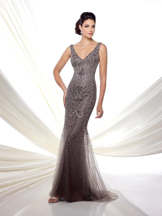 Ivonne D for Mon Cheri Sleeveless V Neckline Beaded Tulle Trumpet Gown - 1 pc Dark Gray In Size 4 Available In Gray