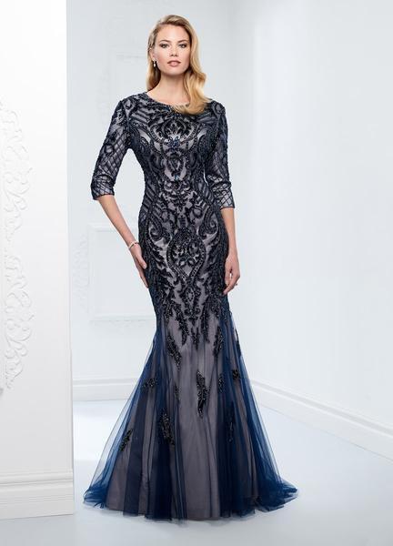 Montage, Ivonne D by Mon Cheri - 116D31MOD Beaded Tulle Trumpet Dress In Blue and Neutral