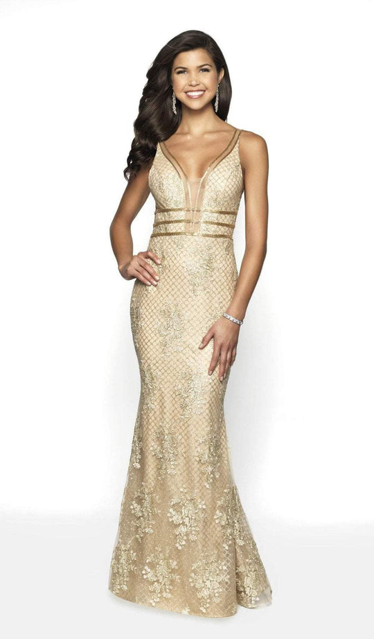 Blush by Alexia Designs - 11705 Plunging V-Neck Triple Band Gown In Gold and Neutral