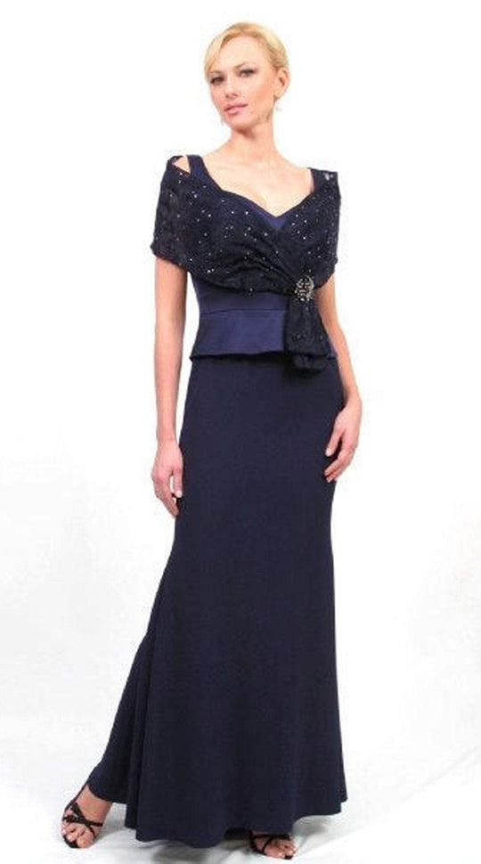 Daymor Couture - 117 Jewel-Sprinkled Shawl Draped Sheath Gown in Blue